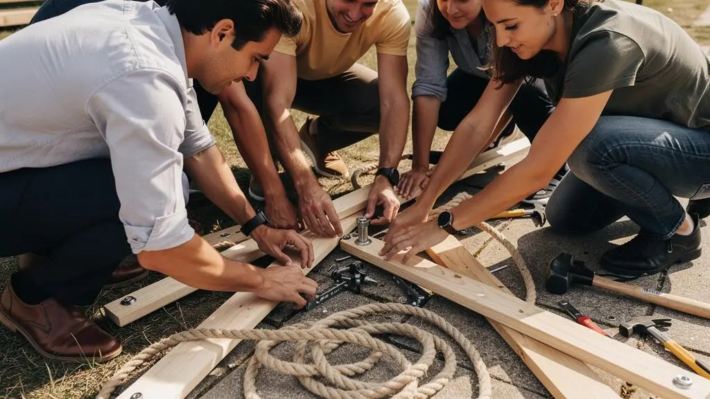 Team of professionals collaborating hands-on during a construction-based team building activity with visible materials and tools.