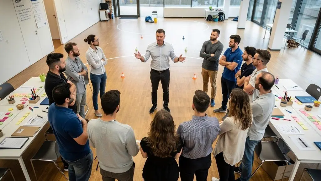 Professional facilitator explaining activity instructions to a group of participants in an indoor multi-workshop team building venue.
