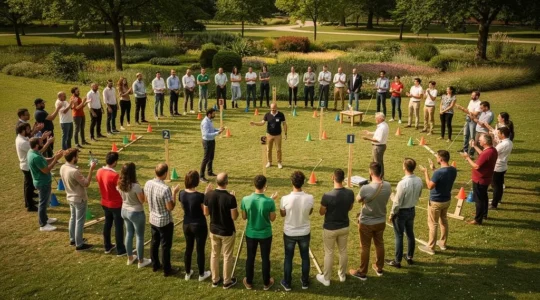 Large group of professionals participating in an outdoor team building activity in a French park with facilitators coordinating multiple sub-groups.
