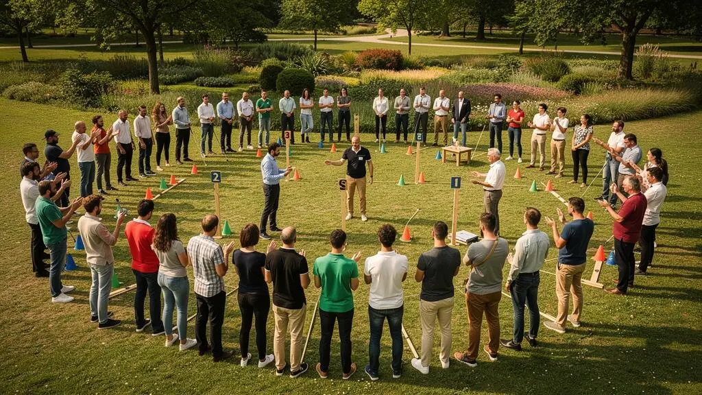 Large group of professionals participating in an outdoor team building activity in a French park with facilitators coordinating multiple sub-groups.
