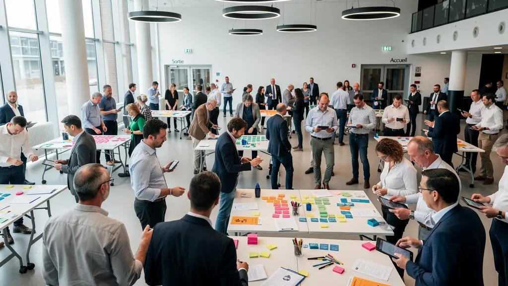 Large group of professionals participating in a structured indoor team building activity organized in sub-teams within a modern event venue.